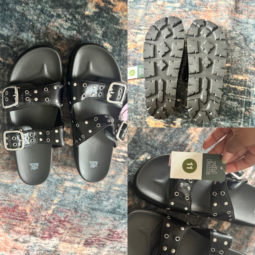 Wild Fable Black Studded Double-Buckle Slide Sandals 11 NWT